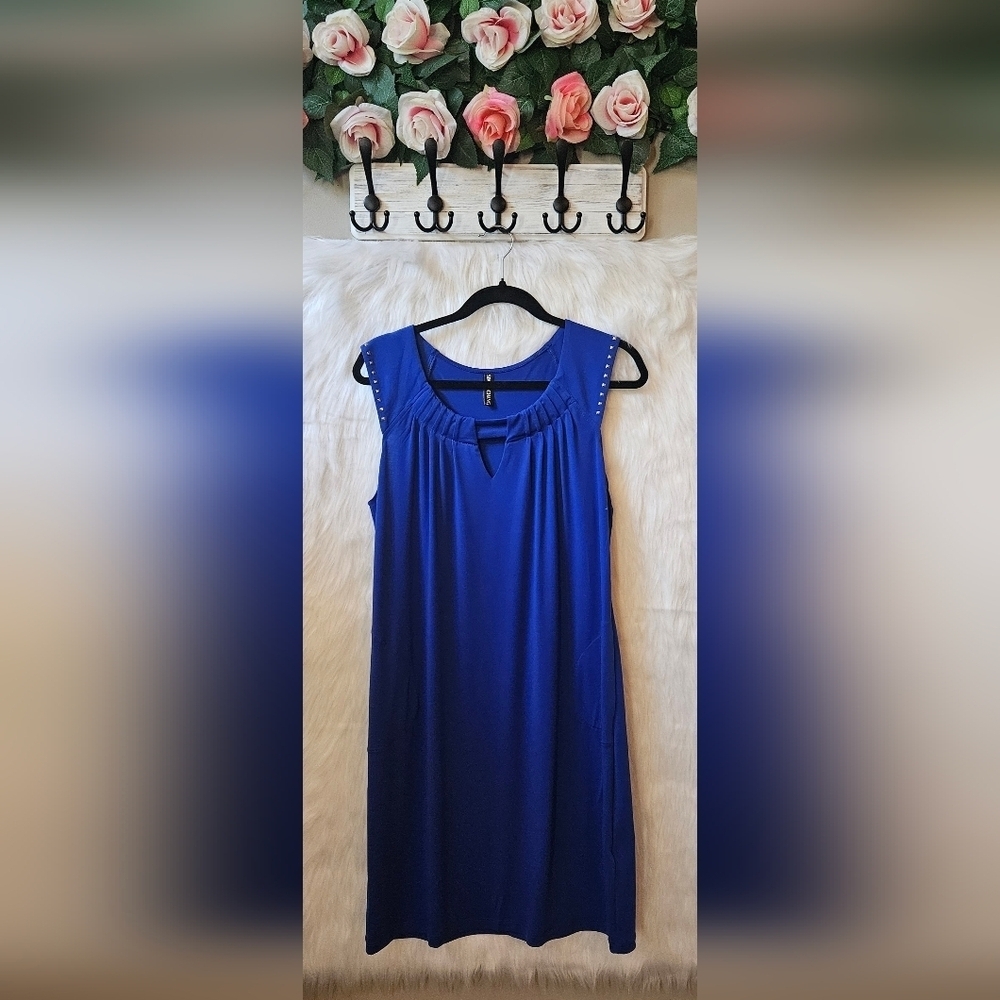 Simon Chang 2000's Cobalt Sleeveless Sheath Dress W/ Embellishments